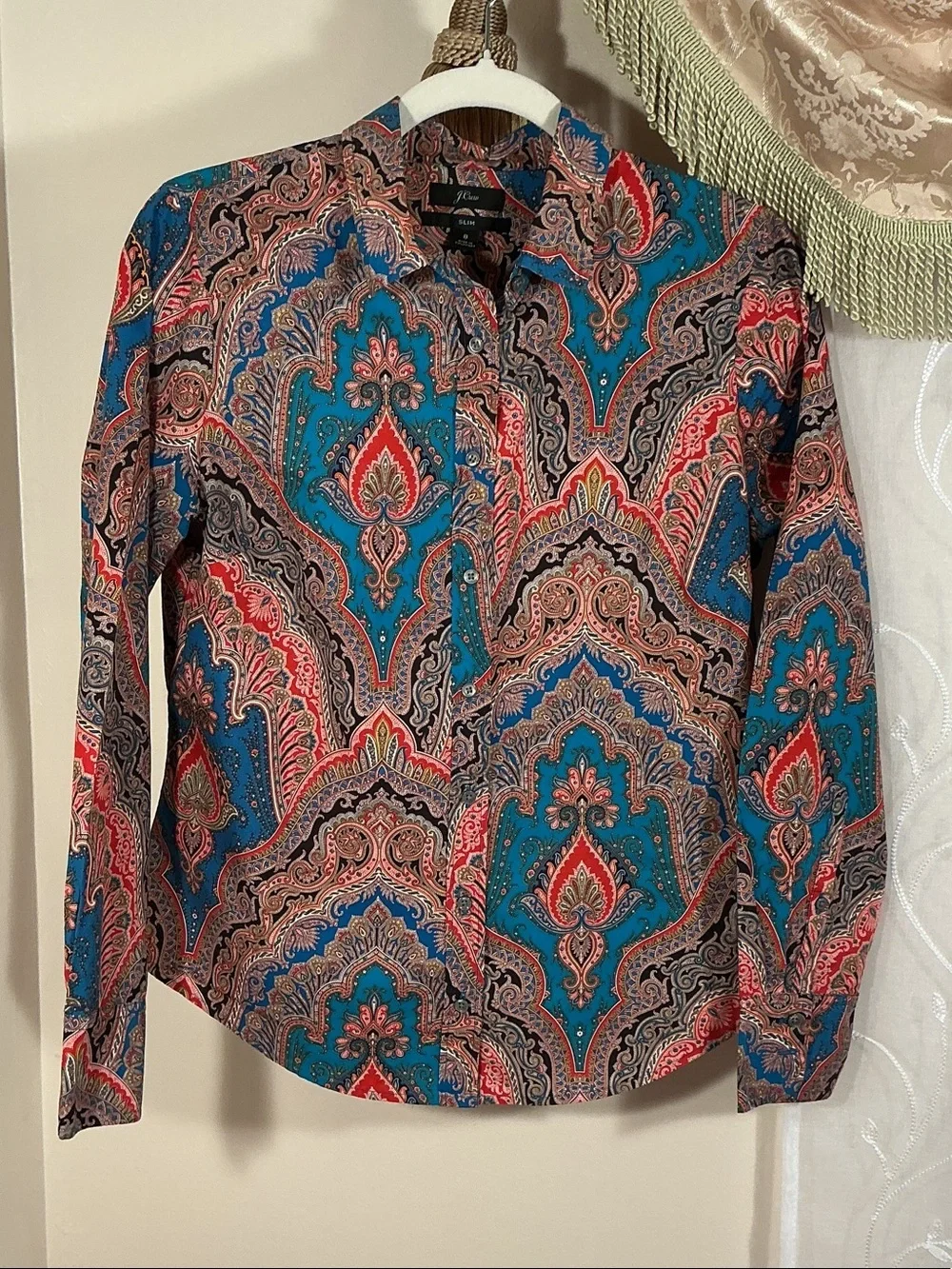 J.Crew Women’s Paisley Print Button-Up Colorful Shirt Aqua Green Red Sz 8 Cotto